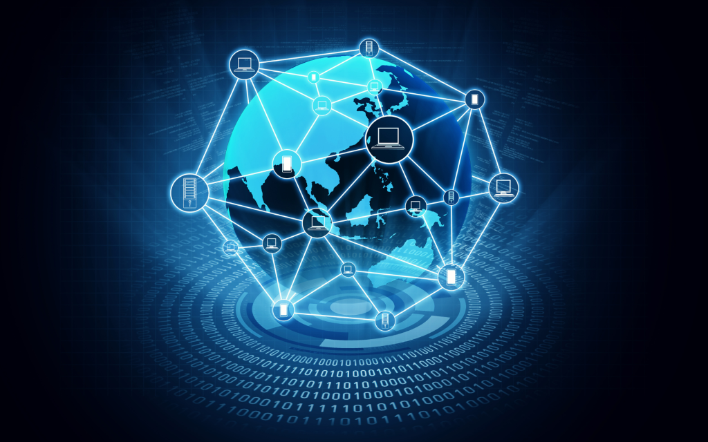 Digital network visualization showing interconnected systems and data nodes